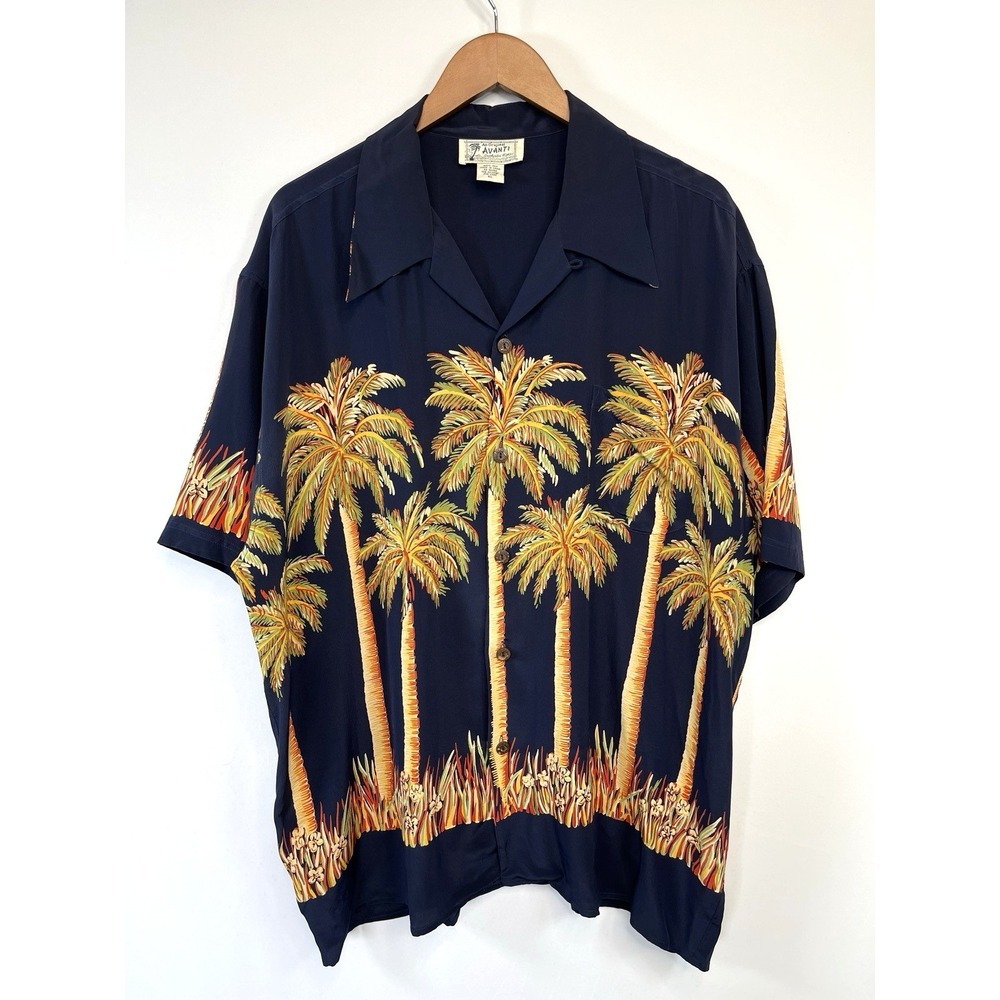 Vintage Avanti Hawaiian Palm Trees Shirt Mens Size XL Navy 100% Silk Aloha